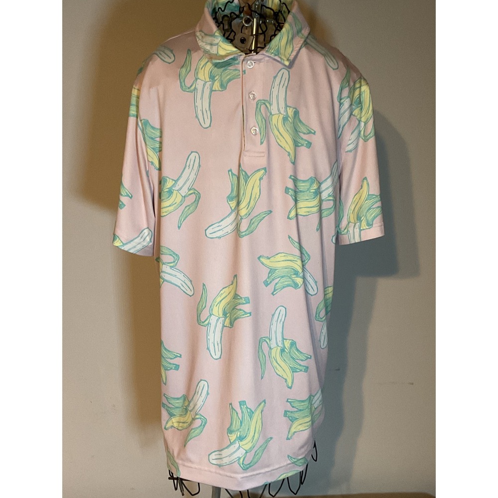 Cabana by Crown & Ivy Mens Medium Pink Banana Print‎ Polo Shirt Short Sleeve M